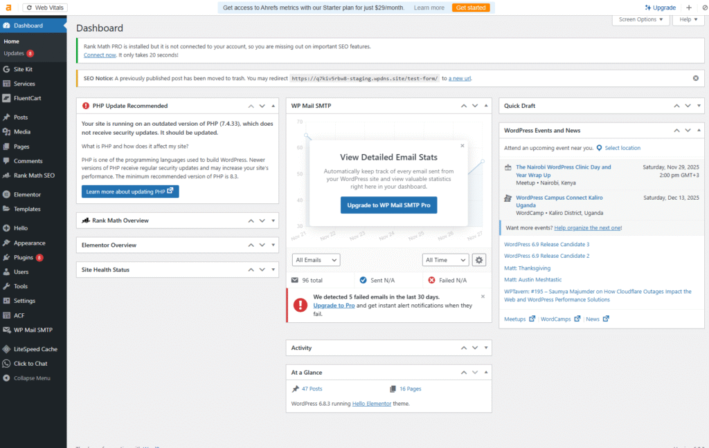 Screenshot of WordPress Admin Dashboard showing top toolbar, left navigation menu, and central workspace with content and site info widgets.
